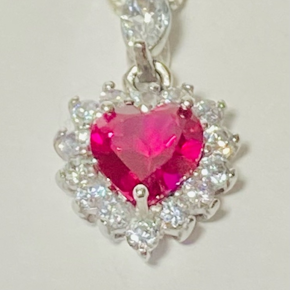 Sterling Lab Grown Ruby Heart w. CZ Surround, 18” Chain